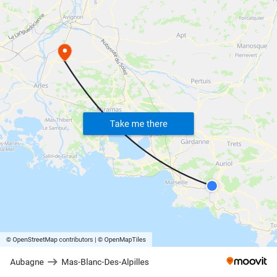 Aubagne to Mas-Blanc-Des-Alpilles map