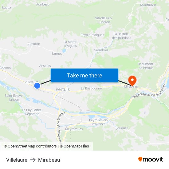 Villelaure to Mirabeau map