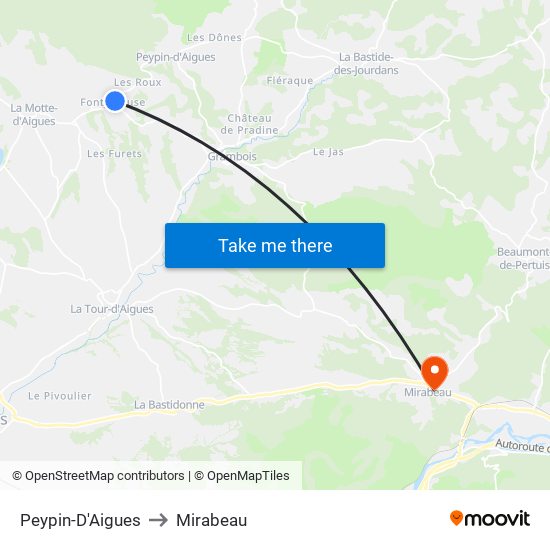 Peypin-D'Aigues to Mirabeau map