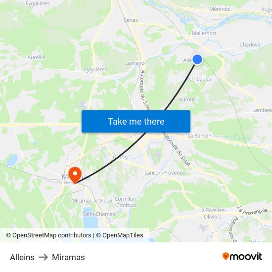 Alleins to Miramas map