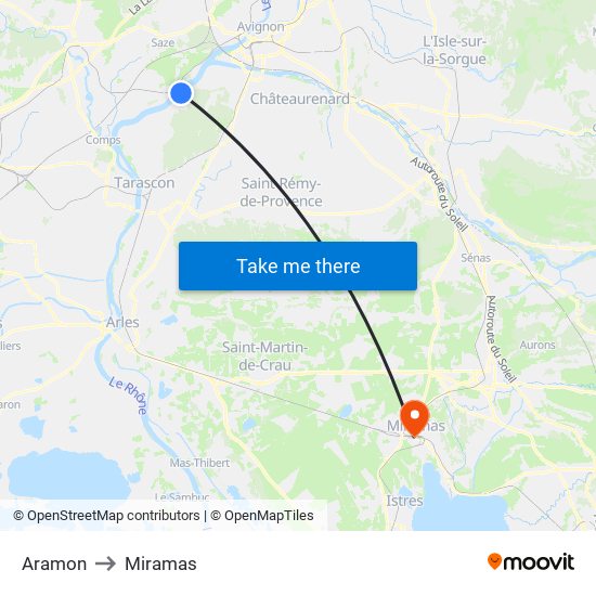 Aramon to Miramas map