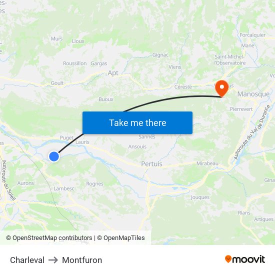 Charleval to Montfuron map