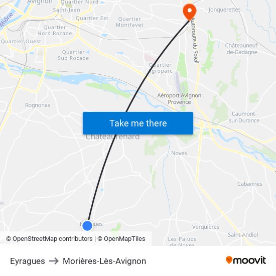 Eyragues to Morières-Lès-Avignon map