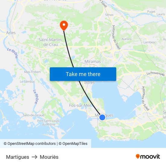 Martigues to Mouriès map