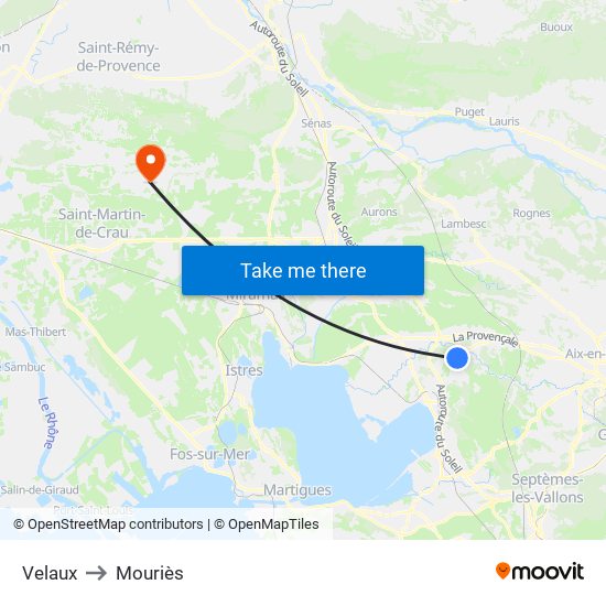 Velaux to Mouriès map