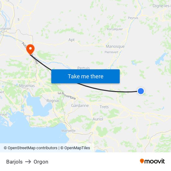 Barjols to Orgon map