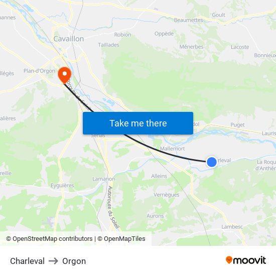 Charleval to Orgon map