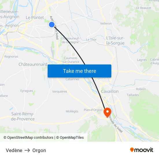 Vedène to Orgon map