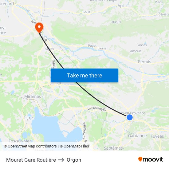 Mouret Gare Routière to Orgon map