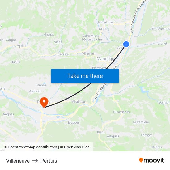 Villeneuve to Pertuis map