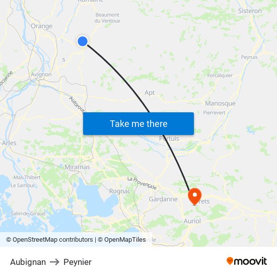 Aubignan to Peynier map