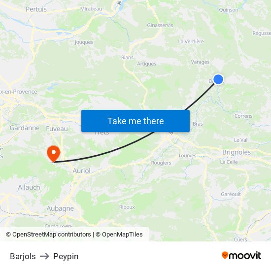 Barjols to Peypin map