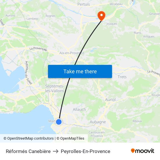 Réformés Canebière to Peyrolles-En-Provence map