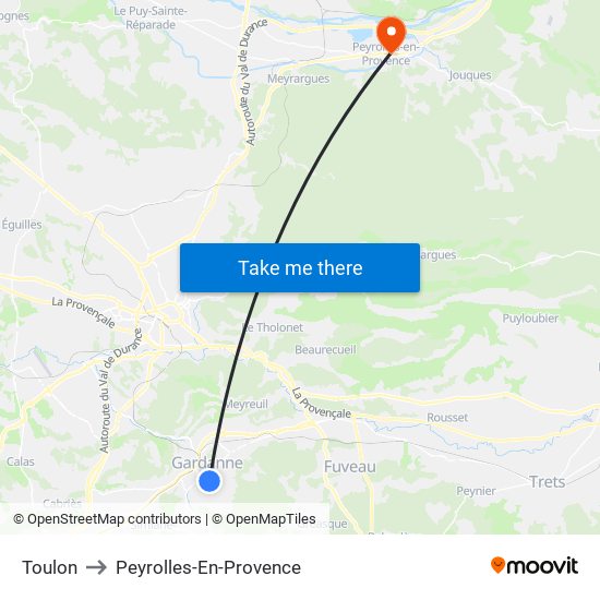 Toulon to Peyrolles-En-Provence map