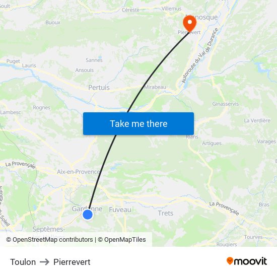 Toulon to Pierrevert map