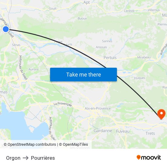 Orgon to Pourrières map