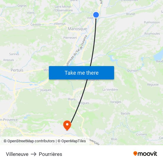 Villeneuve to Pourrières map