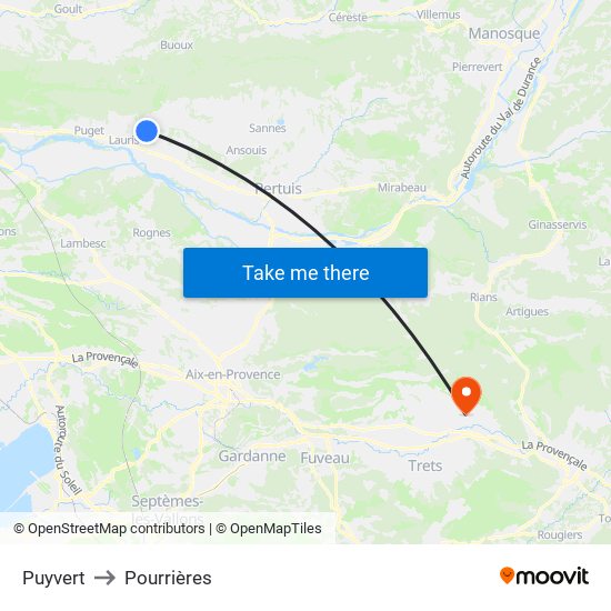 Puyvert to Pourrières map