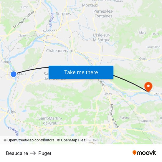 Beaucaire to Puget map