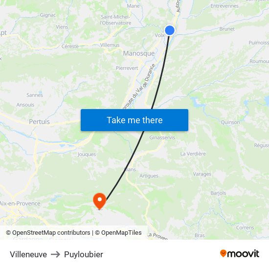 Villeneuve to Puyloubier map