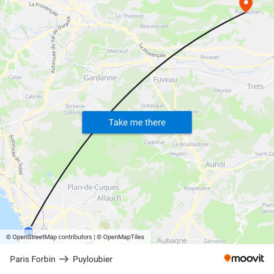 Paris Forbin to Puyloubier map