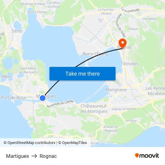 Martigues to Rognac map