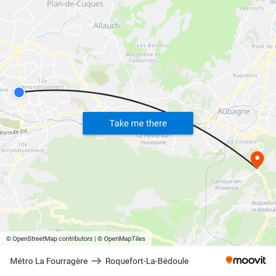 Métro La Fourragère to Roquefort-La-Bédoule map