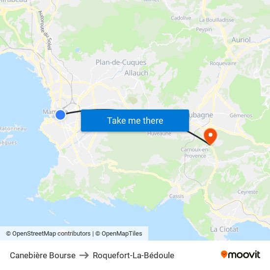 Canebière Bourse to Roquefort-La-Bédoule map