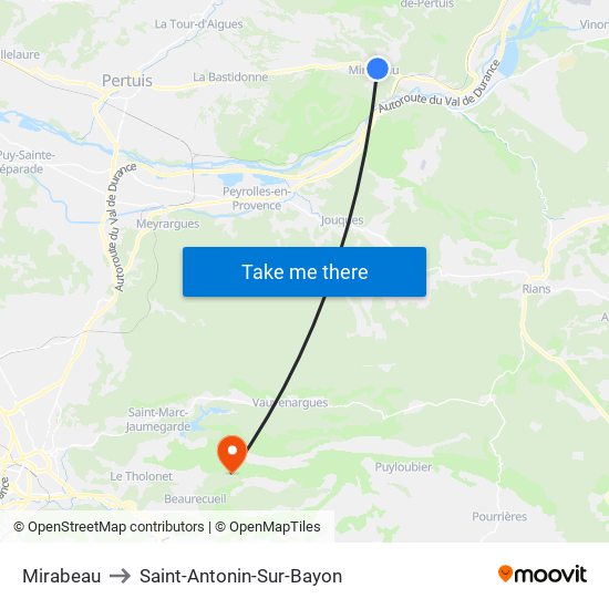 Mirabeau to Saint-Antonin-Sur-Bayon map