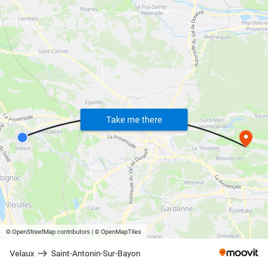 Velaux to Saint-Antonin-Sur-Bayon map