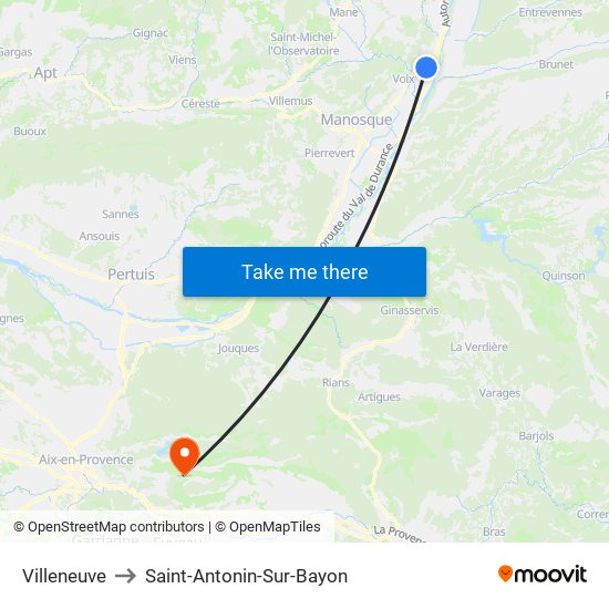 Villeneuve to Saint-Antonin-Sur-Bayon map