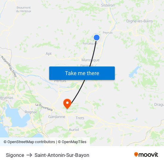 Sigonce to Saint-Antonin-Sur-Bayon map