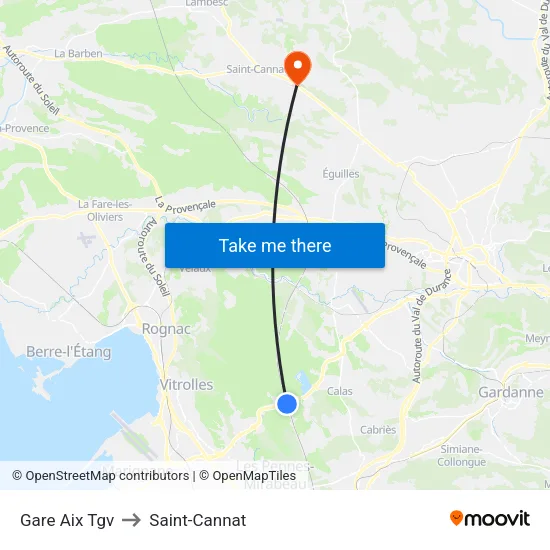 Gare Aix Tgv to Saint-Cannat map