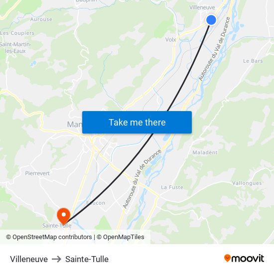 Villeneuve to Sainte-Tulle map