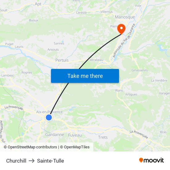 Churchill to Sainte-Tulle map