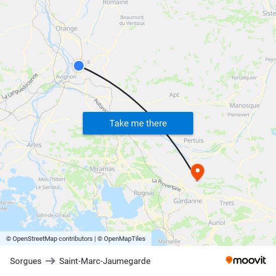 Sorgues to Saint-Marc-Jaumegarde map