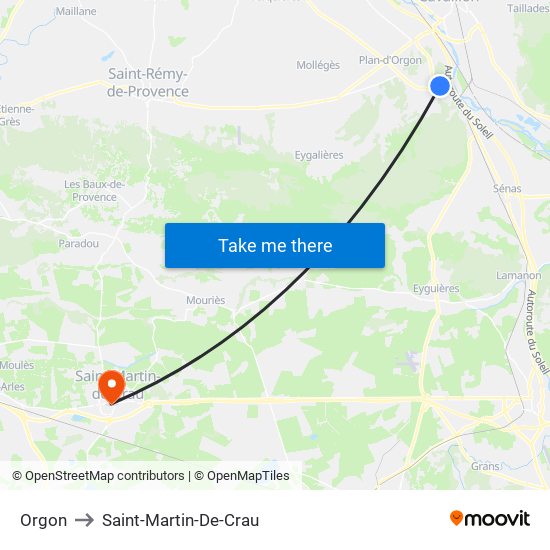 Orgon to Saint-Martin-De-Crau map