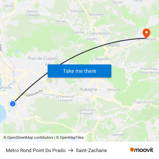 Métro Rond Point Du Prado to Saint-Zacharie map