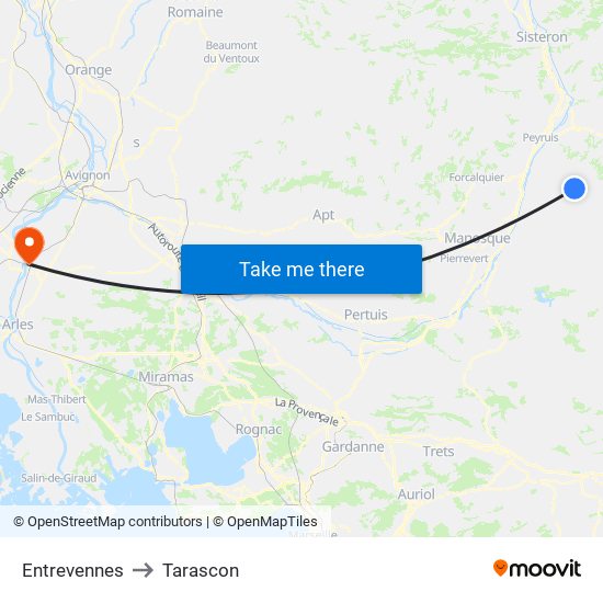Entrevennes to Tarascon map