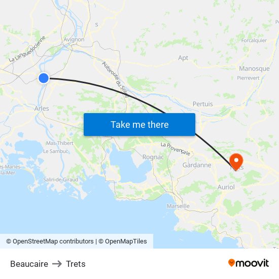 Beaucaire to Trets map