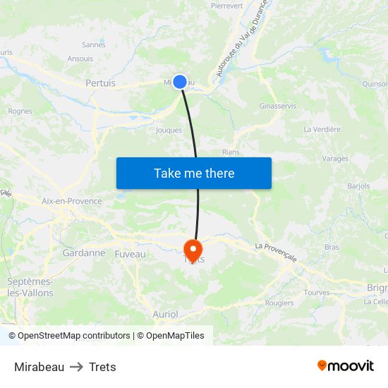 Mirabeau to Trets map