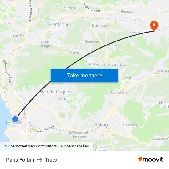 Paris Forbin to Trets map
