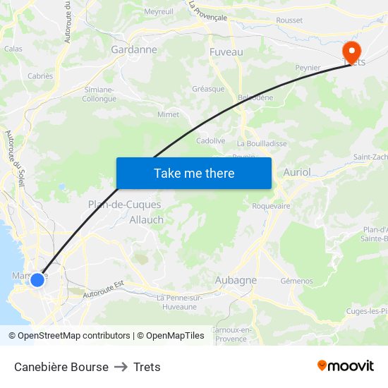 Canebière Bourse to Trets map