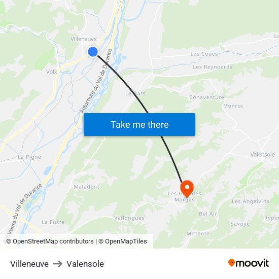 Villeneuve to Valensole map