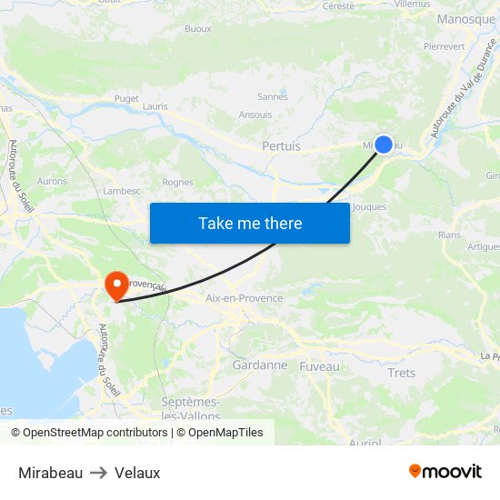 Mirabeau to Velaux map