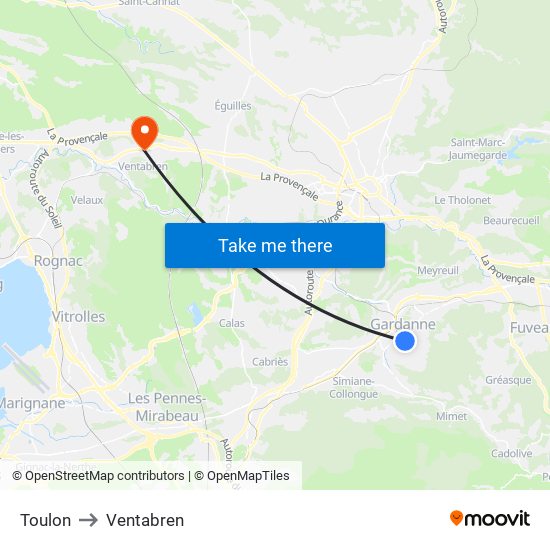 Toulon to Ventabren map