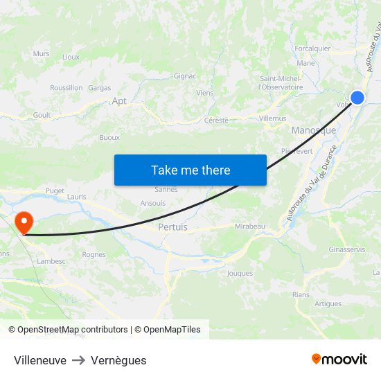 Villeneuve to Vernègues map