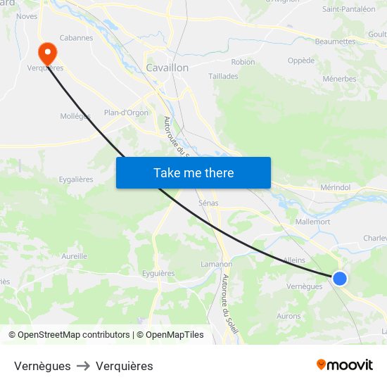 Vernègues to Verquières map