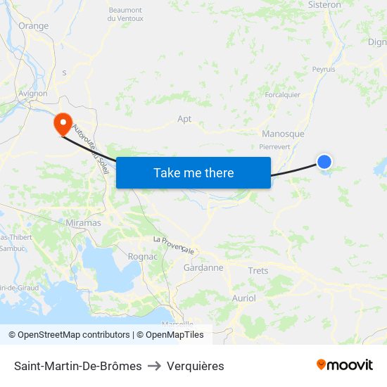 Saint-Martin-De-Brômes to Verquières map