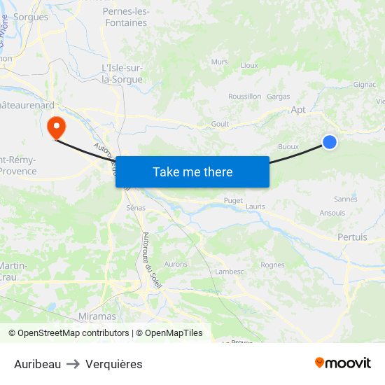 Auribeau to Verquières map